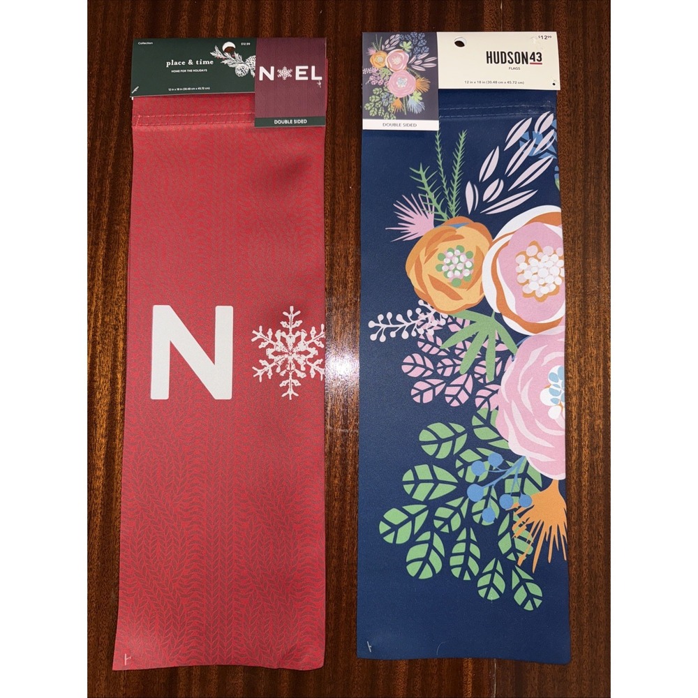 Set Of 2 GARDEN FLAGS CHRISTMAS NOEl and Navy Floral‎ Double Sided  12x18 New!